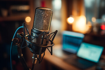 High-quality professional microphone set on a sturdy stand, ideal for podcasting and recording audio.