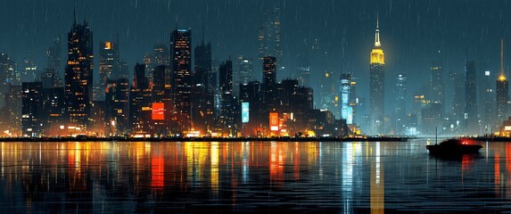 Cityscape at night with city lights reflecting on water, and light rain