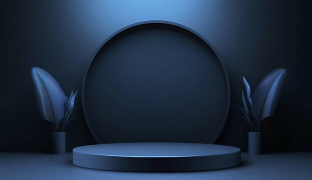 minimalist blue background features circular platform with serene ambiance, flanked by two potted plants. scene is ideal for product presentation, highlighting elegance and simplicity