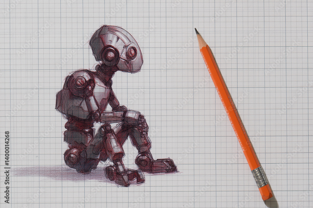 Poster Pencil sketch of a seated robot on grid paper, showcasing mechanical details and a pensive pose, suggesting themes of artificial intelligence, creativity, and design