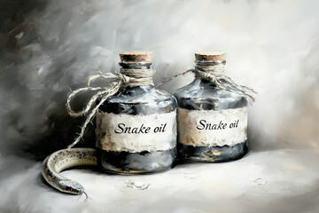 Two vintage snake oil bottles with cork stoppers and a snake emerging against a grey painterly background.