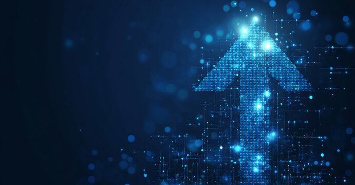 digital arrow composed of glowing blue dots points upward on dark background, symbolizing growth and progress in technology. futuristic design conveys innovation and advancement