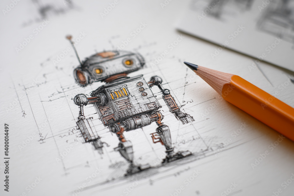 Poster detailed sketch of a robot, drawn on gridded paper, with an orange pencil nearby, showcasing the des