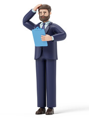 A man holds a clipboard and scratches his head, symbolizing evaluation or decision-making. 3D rendering, conceptual image. Isolated on white background.