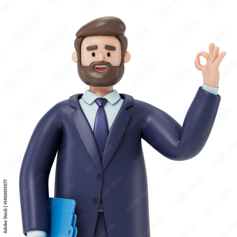 Poster a man holds a folder and makes an ok gesture, symbolizing successful completion or agreement. 3d ren
