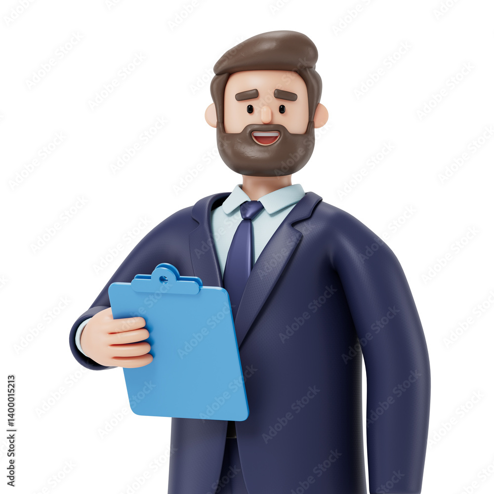 Poster a man holds a folder, symbolizing organization or work readiness. 3d rendering, conceptual image. is