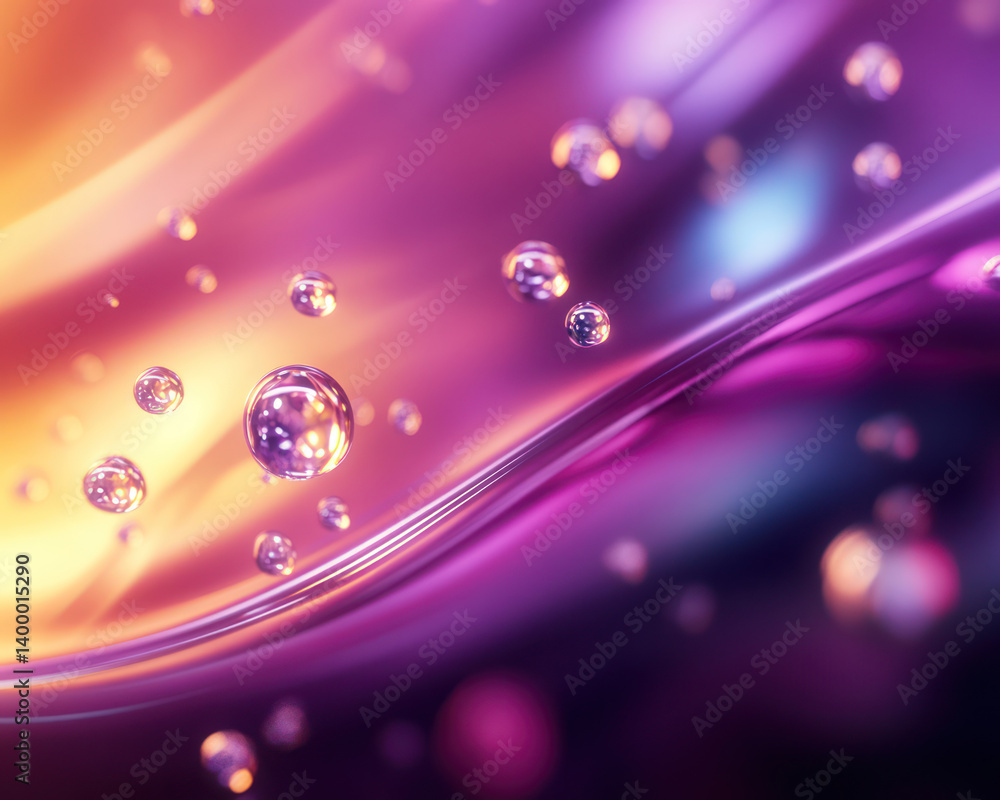 Poster shimmering droplets float in vibrant, colorful liquid, creating mesmerizing visual effect. interplay