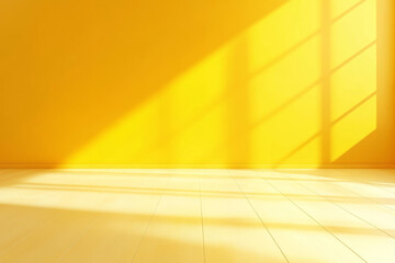 sunlit room with vibrant yellow wall and wooden floor creates warm and inviting atmosphere. sunlight streaming through window casts soft shadows on floor