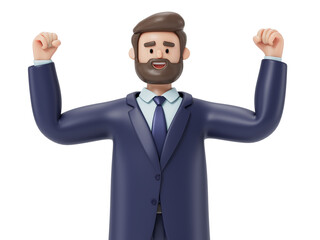 A man raises both fists, symbolizing success or celebration. 3D rendering, conceptual image. Isolated on white background.