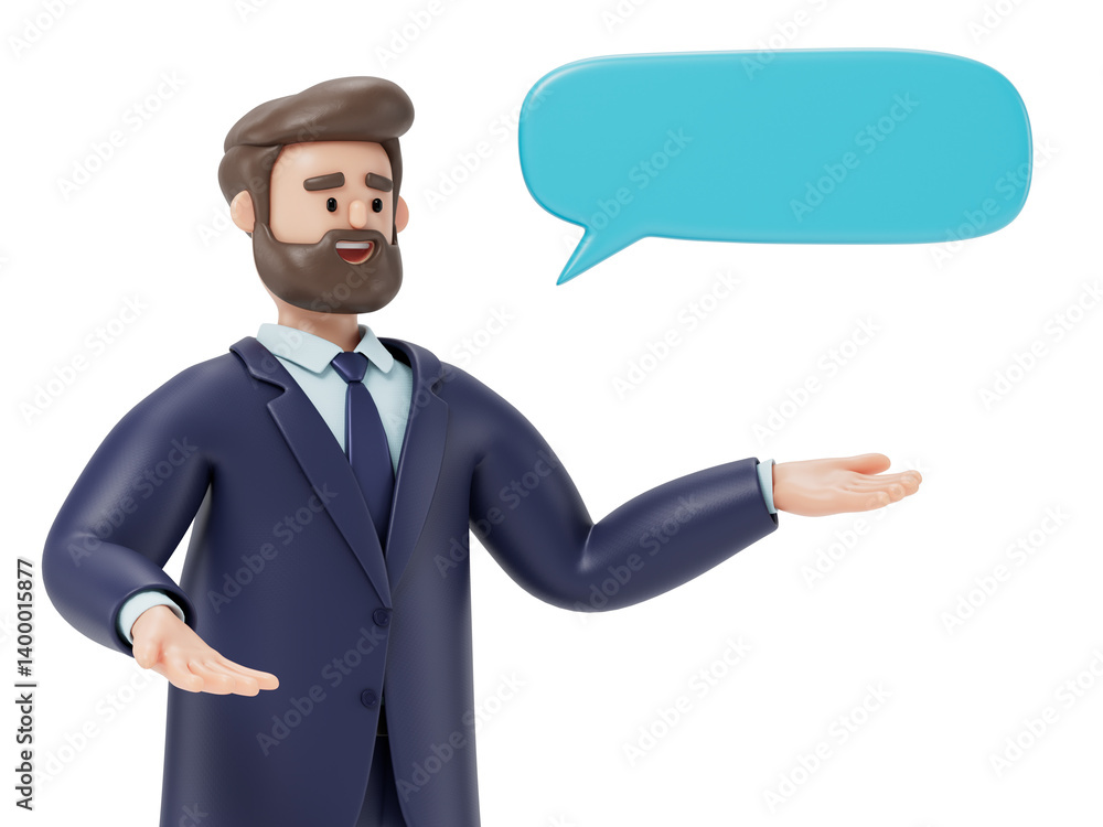 Poster a man gestures towards a speech bubble, symbolizing communication or explanation. 3d rendering, conc