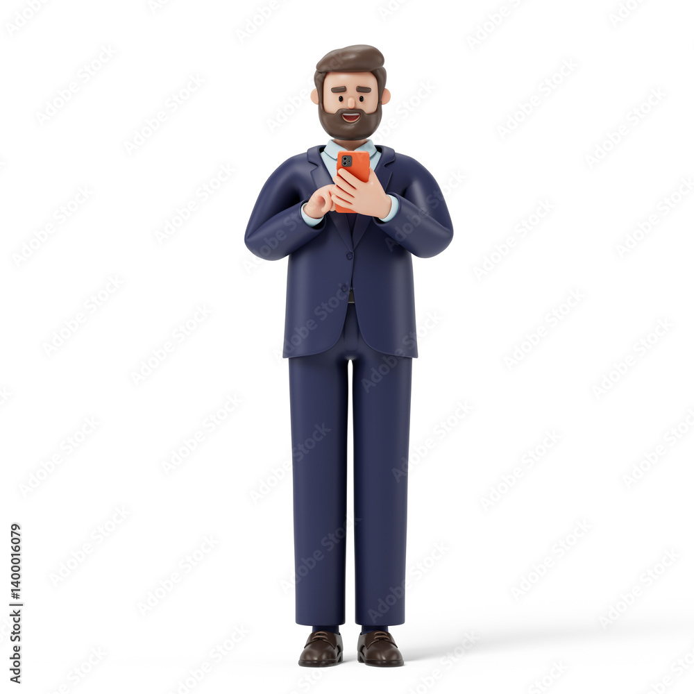 Poster a man using at his phone, symbolizing connectivity or communication. 3d rendering, conceptual image.