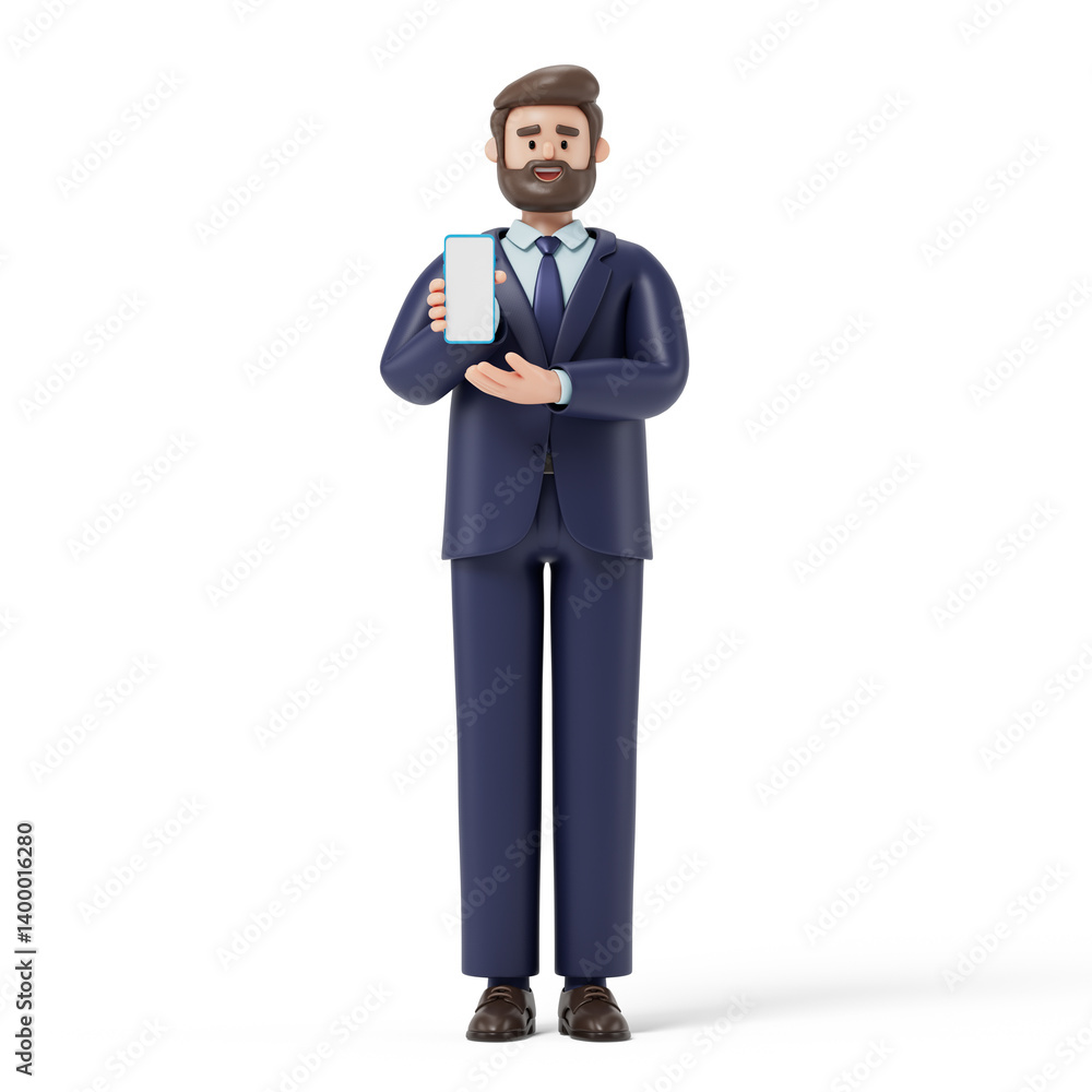 Poster a man holds a smartphone, symbolizing modern communication or technology use. 3d rendering, conceptu