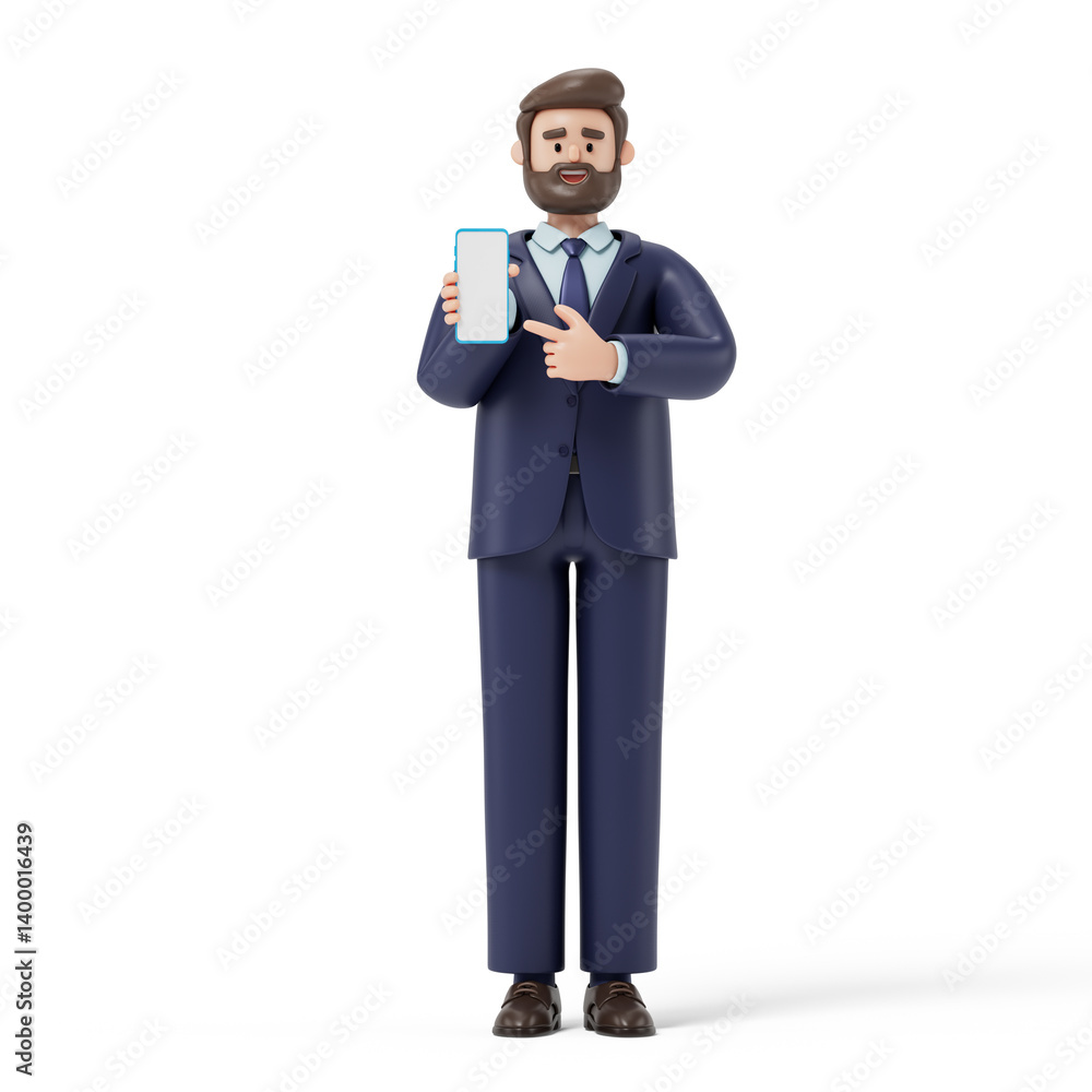 Poster a man displays a smartphone, symbolizing sharing or presenting information. 3d rendering, conceptual