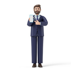 A man displays a smartphone, symbolizing sharing or presenting information. 3D rendering, conceptual image. Isolated on white background.