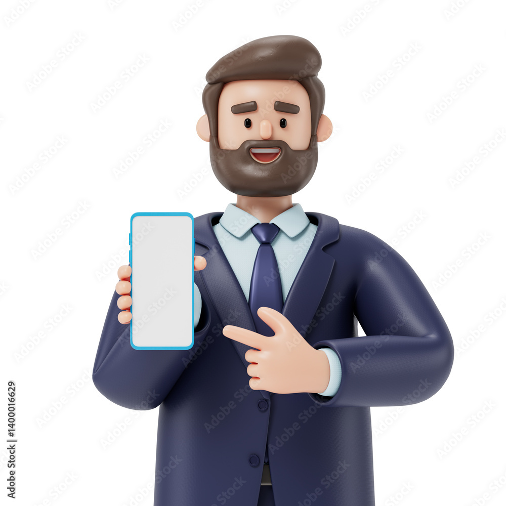 Poster a man displays a smartphone, symbolizing sharing or presenting information. 3d rendering, conceptual