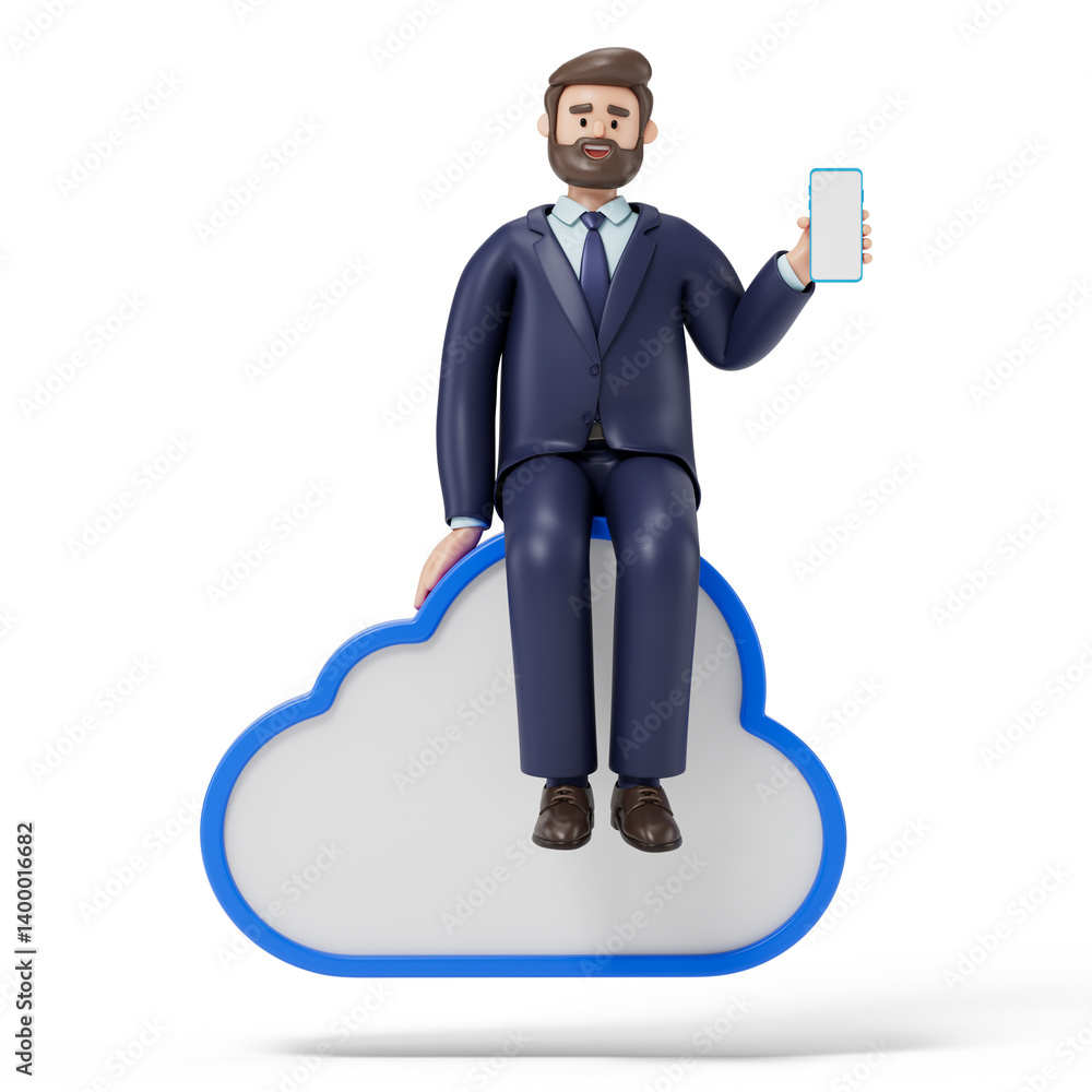 Poster a man sits on a cloud with a phone, symbolizing digital connectivity or cloud technology. 3d renderi