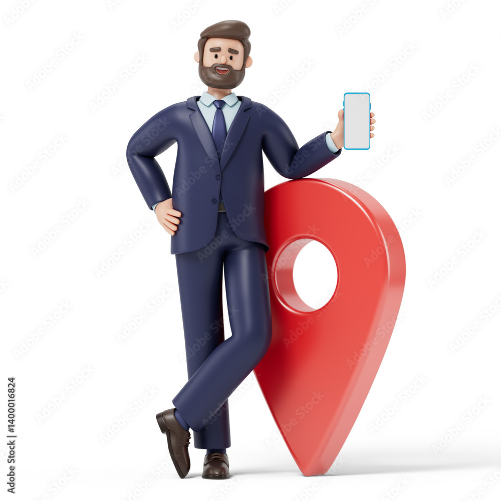 Poster a man stands next to a large location pin while holding a smartphone, symbolizing navigation or loca
