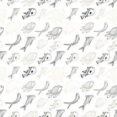Seamless pattern on a light background. Diagonally swimming upward fish of different species. Pattern in monochrome coffee shades