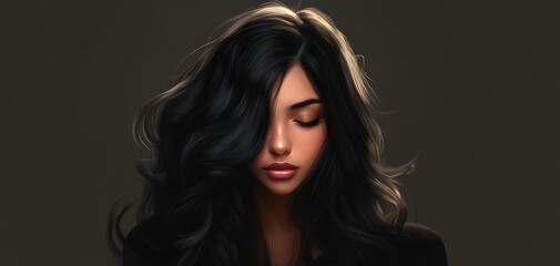 Naklejka premium Melancholy Beauty: A portrait captures the delicate beauty of a woman with long, flowing black hair, her closed eyes hinting at a depth of emotion. The soft lighting accentuates her features.