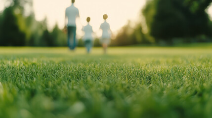 family walks together on lush green lawn, enjoying peaceful moment outdoors. scene captures joy of togetherness and beauty of nature