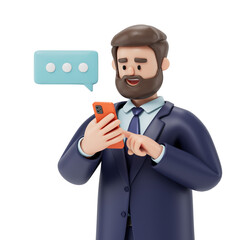 A man looks at his phone with a speech bubble, symbolizing communication or texting. 3D rendering, conceptual image. Isolated on white background.