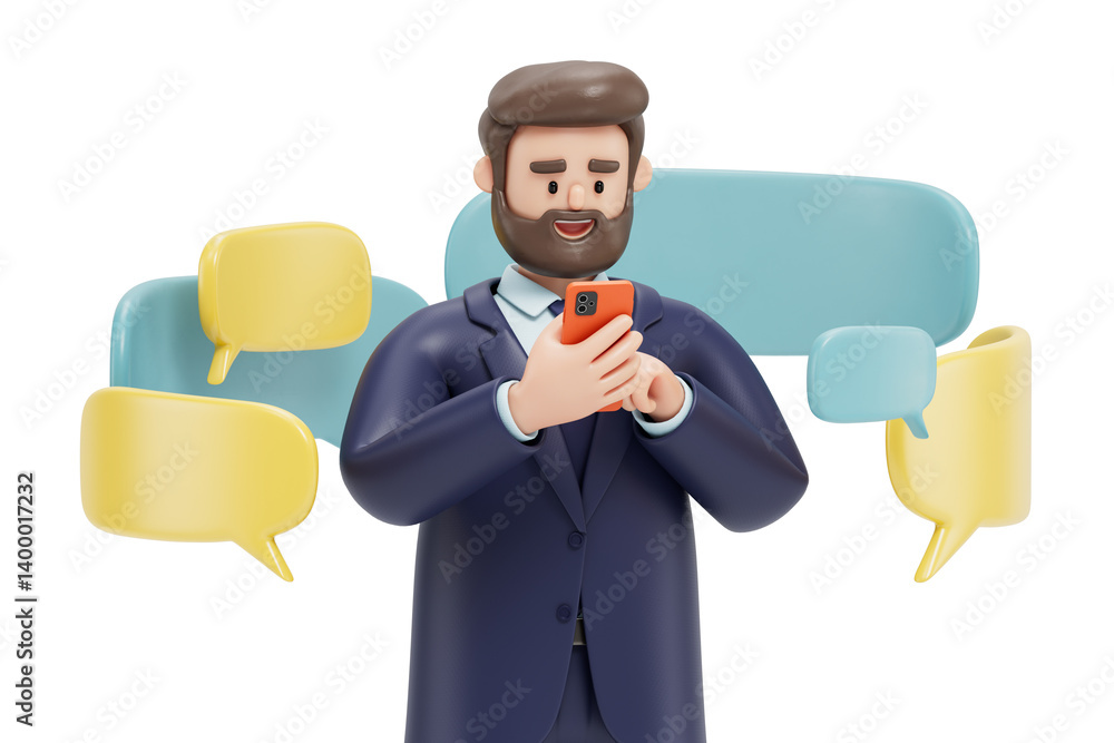Poster a man uses a smartphone with speech bubbles, symbolizing digital communication or social media inter