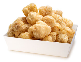 Pork rind or Pork cracking in white bowl isolated on white background, Fried Pork rind or Pork cracking on white With clipping path.