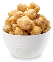 Pork rind or Pork cracking in white bowl isolated on white background, Fried Pork rind or Pork cracking on white With clipping path.