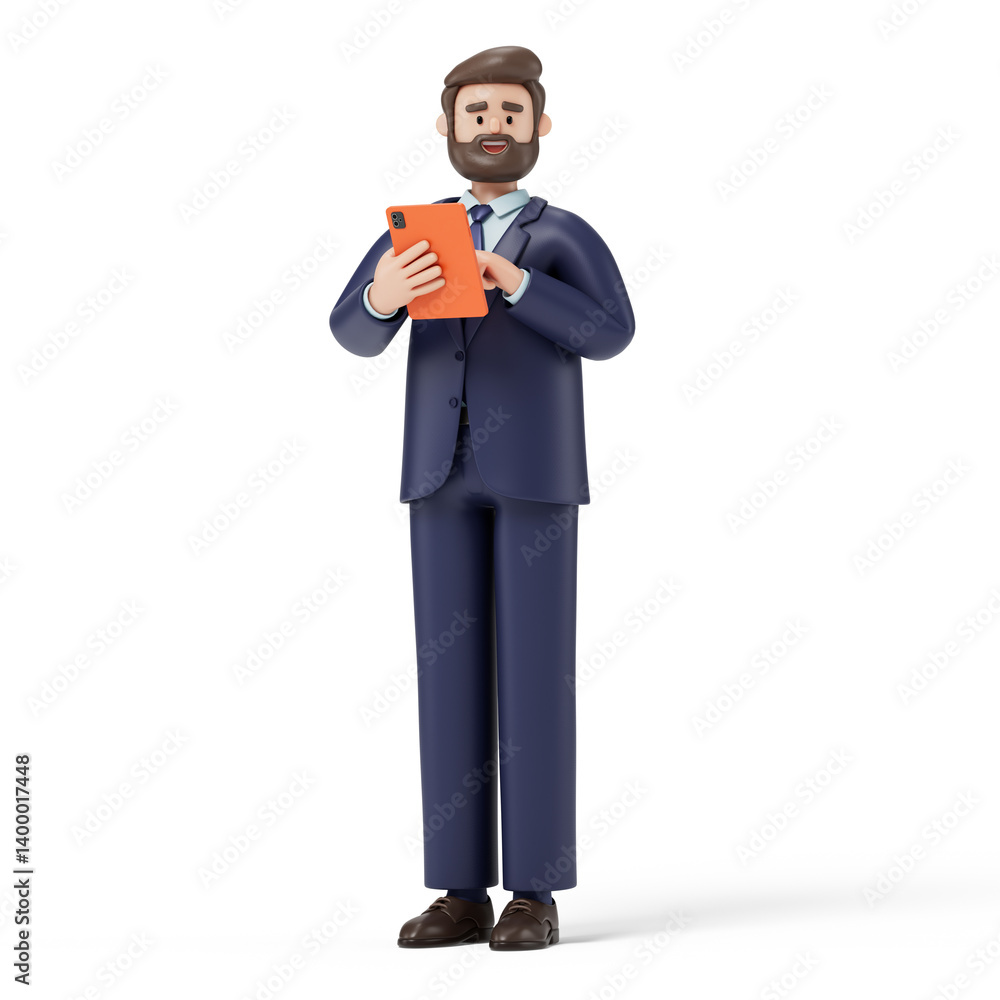 Poster a man holds a tablet, symbolizing modern technology use or digital reading. 3d rendering, conceptual