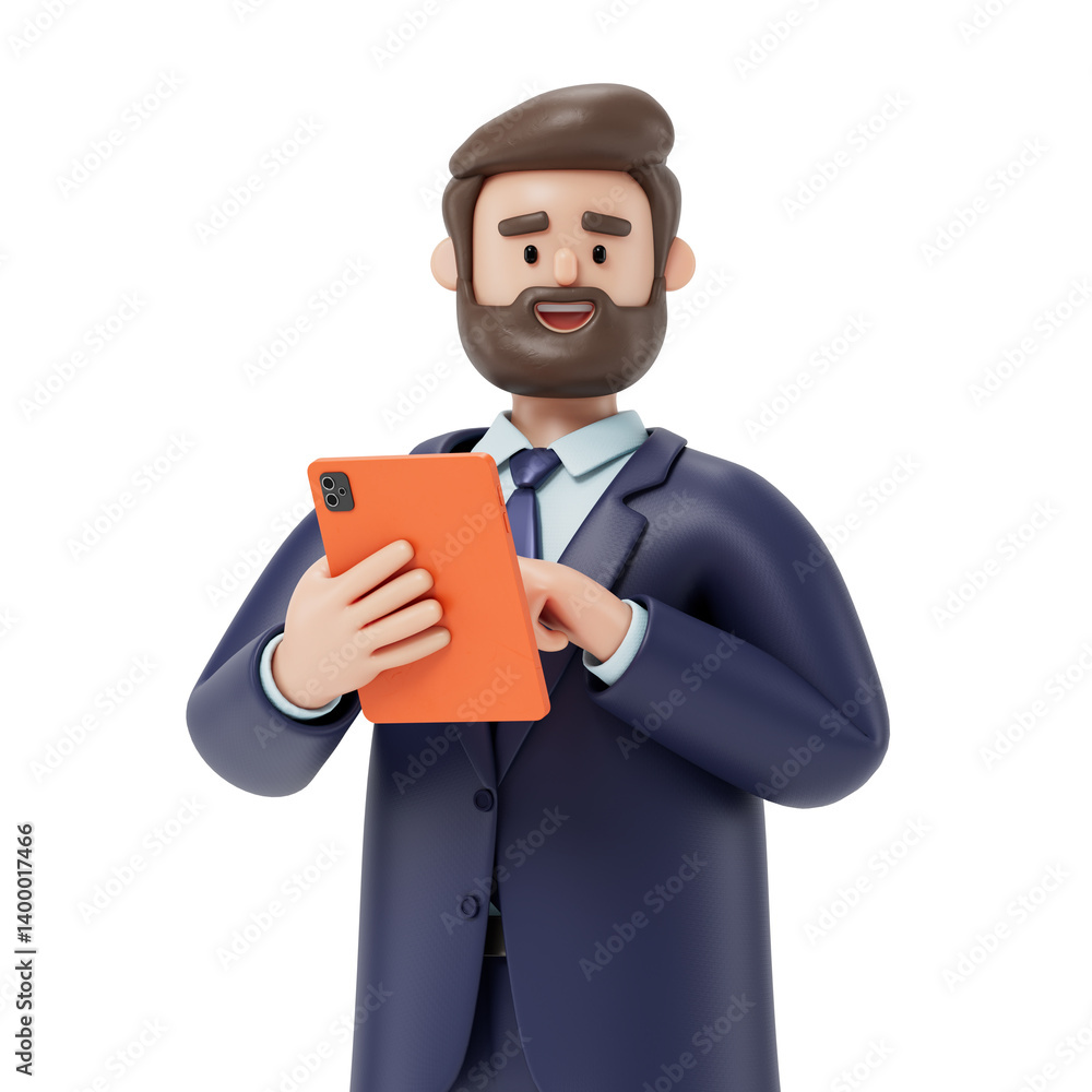 Poster a man holds a tablet, symbolizing modern technology use or digital reading. 3d rendering, conceptual