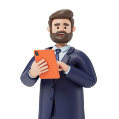 A man holds a tablet, symbolizing modern technology use or digital reading. 3D rendering, conceptual image. Isolated on white background.