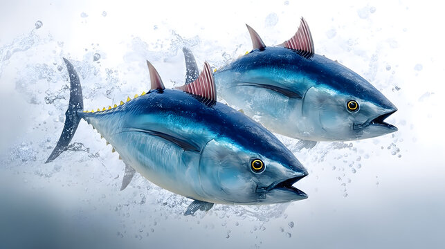 Two tuna fish leap from half-earth water. 2 May, fishing and conservation, translation: world tuna day isolated on white background.