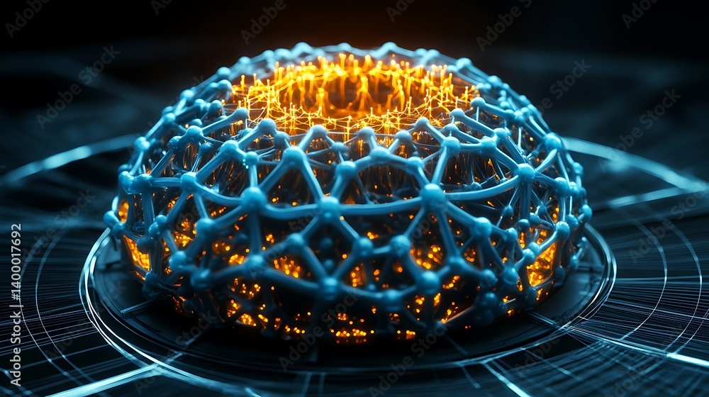 Poster abstract network sphere with glowing core for technological and scientific visualizations