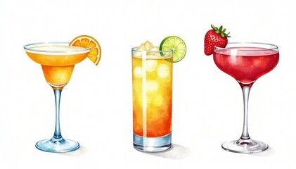 Watercolor cocktail illustrations Tequila Sunrise, Sex on the Beach, Cosmopolitan, Negroni , isolated white background, sex on the beach, negroni