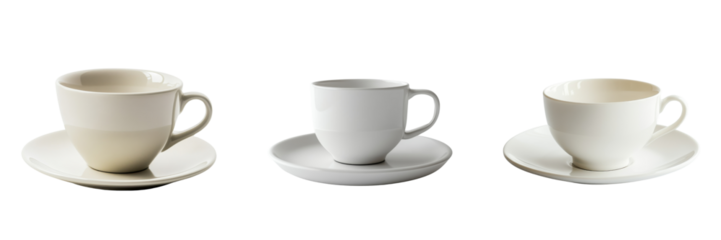 Elegant Collection of Three Stylish Coffee Cups on Plates