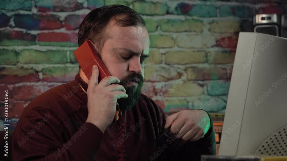Aufkleber nervous it guy having argument over landline telephone in front of desktop computer from 1980's