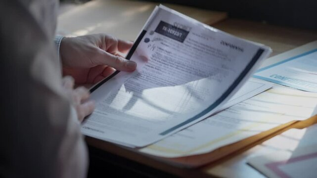Man searches through classified files in a dark office, lit by dim light. The tense atmosphere suggests espionage, secrecy, and covert investigation, captured in an over-the-shoulder view."