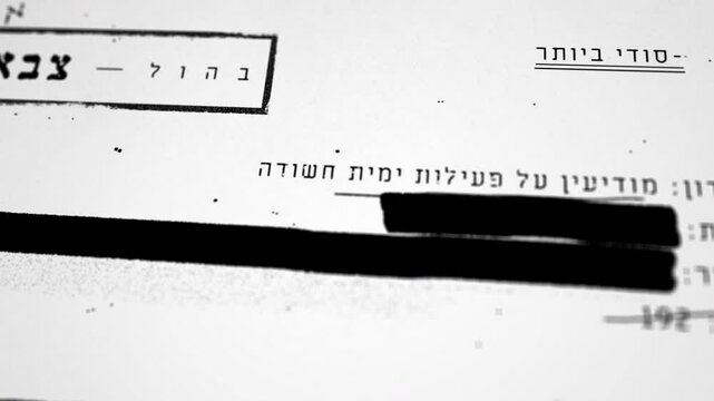 Classified censored looking document in Hebrew with Top Secret label on header. Camera moves across black lines of censorship and redaction of sensitive information and material and stops on ink stamp