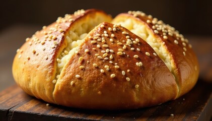 Golden-brown sourdough crust, sesame seeds gleam , texture, healthy, wheat