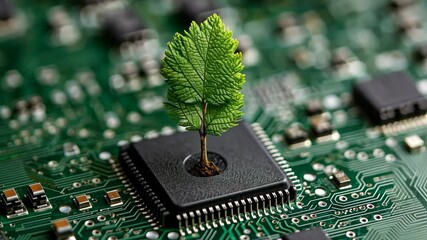 Small green tree growing out from a computer chip on a circuit board illustrating technology and nature integration