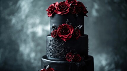 Moody dark-themed wedding cake with black fondant and deep red roses, gothic elegance.