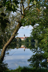 Nesvizh, Minsk region, Belarus - August 08, 2024: Nesvizh Castle, majestic historic castle in a summer day. Historical, palace and castle complex view through the trees. Selective focus
