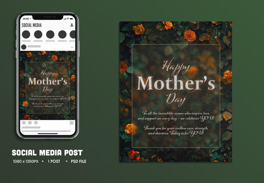 Elegant Happy Mother&rsquo;s Day Social Media Post in Floral Pattern, Editable Design.