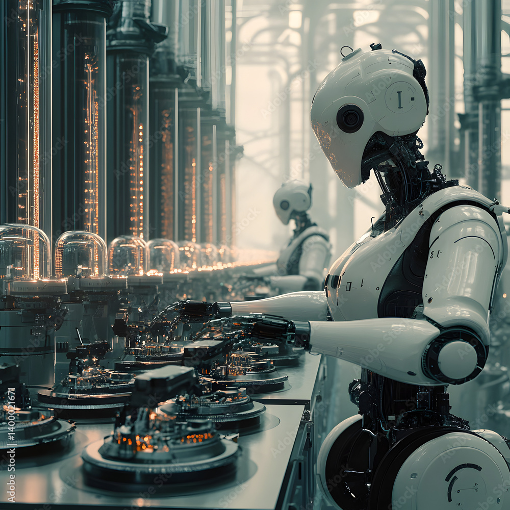 Poster automating business devices futuristic factory digital art high-tech environment close-up view innov