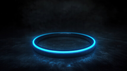 glowing blue neon ring hovering over dark textured surface. futuristic technology. sci-fi design, background, tech poster, virtual interface