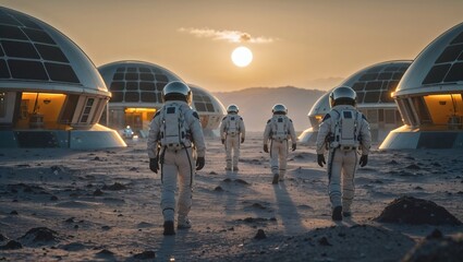 Astronauts in white EVA suits walk near dome shaped habitat modules at a futuristic Moon base during lunar sunrise. Earth visible above dusty terrain under cinematic lighting.