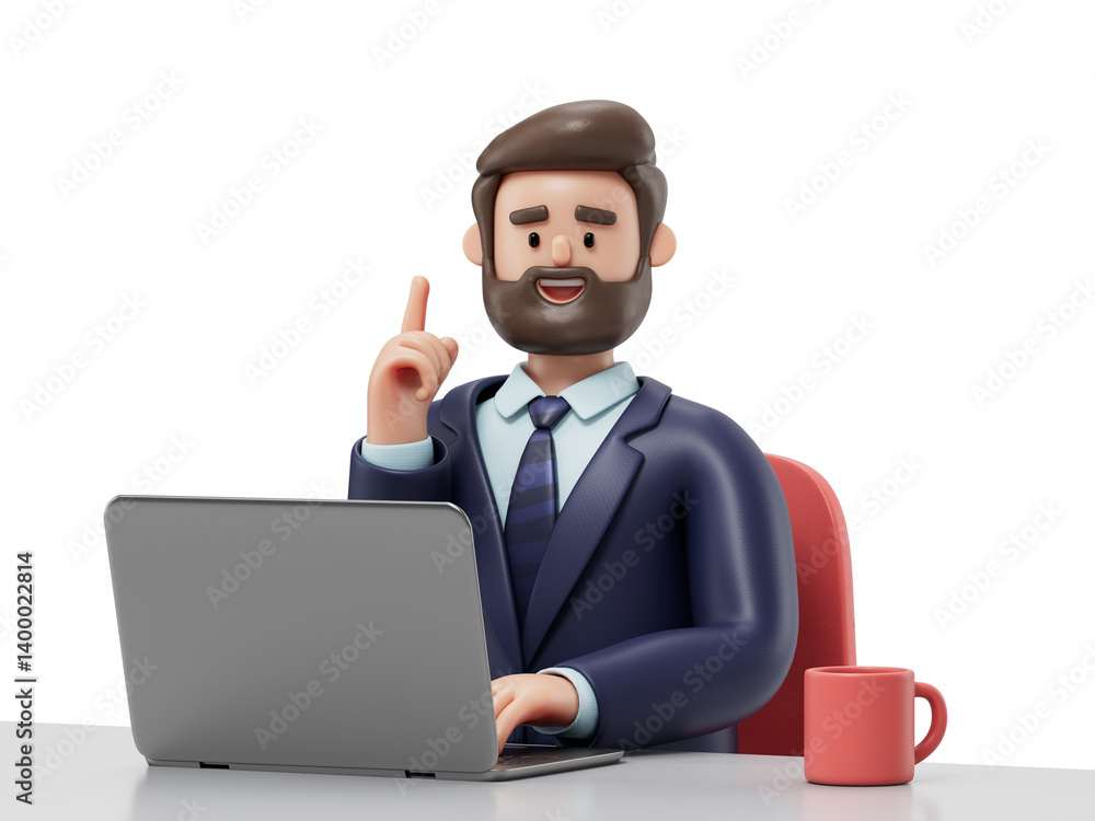 Poster a man at a desk with a laptop, pointing upwards, symbolizing an idea or solution. 3d rendering, conc