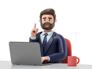 A man at a desk with a laptop, pointing upwards, symbolizing an idea or solution. 3D rendering, conceptual image. Isolated on white background.