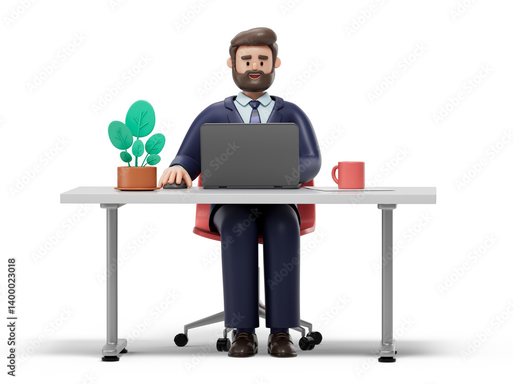 Poster a man sits at a desk, hands on laptop, symbolizing focus and productivity. 3d rendering, conceptual 