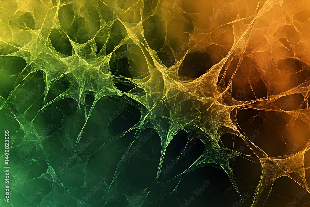 Poster a vibrant abstract display of interconnected fractal patterns in shades of green and orange.